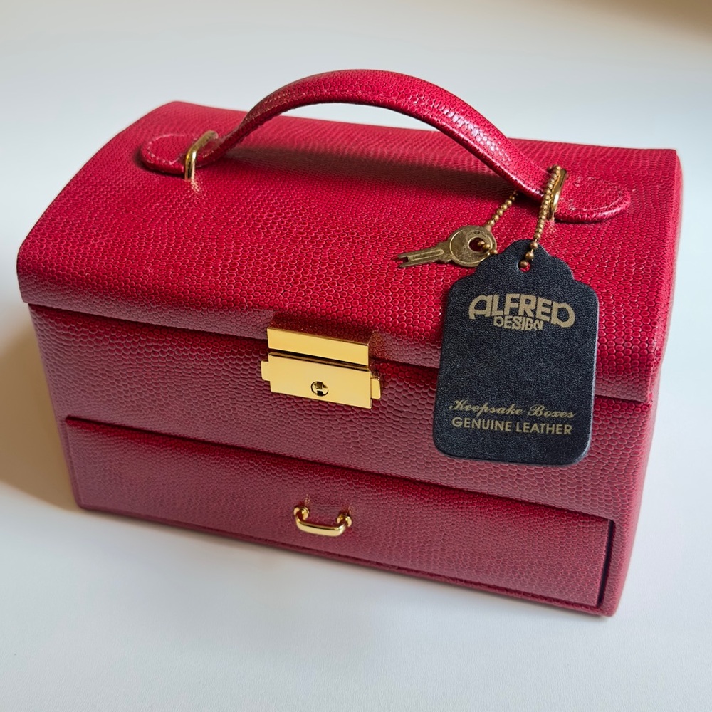 Vintage Alfred Design Genuine Leather Jewelry Box Red Travel Case Mirror Drawer